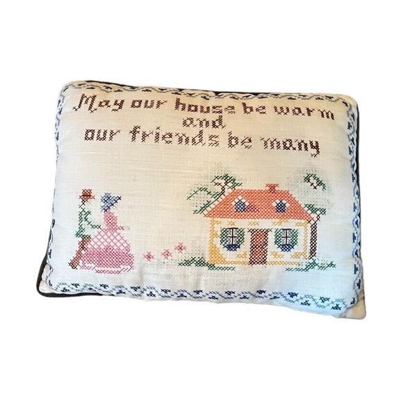 VTG Cross Stitch Pillow “May Our House Be Warm & Our Friends Be Many” 11x15 - Picture 1 of 6